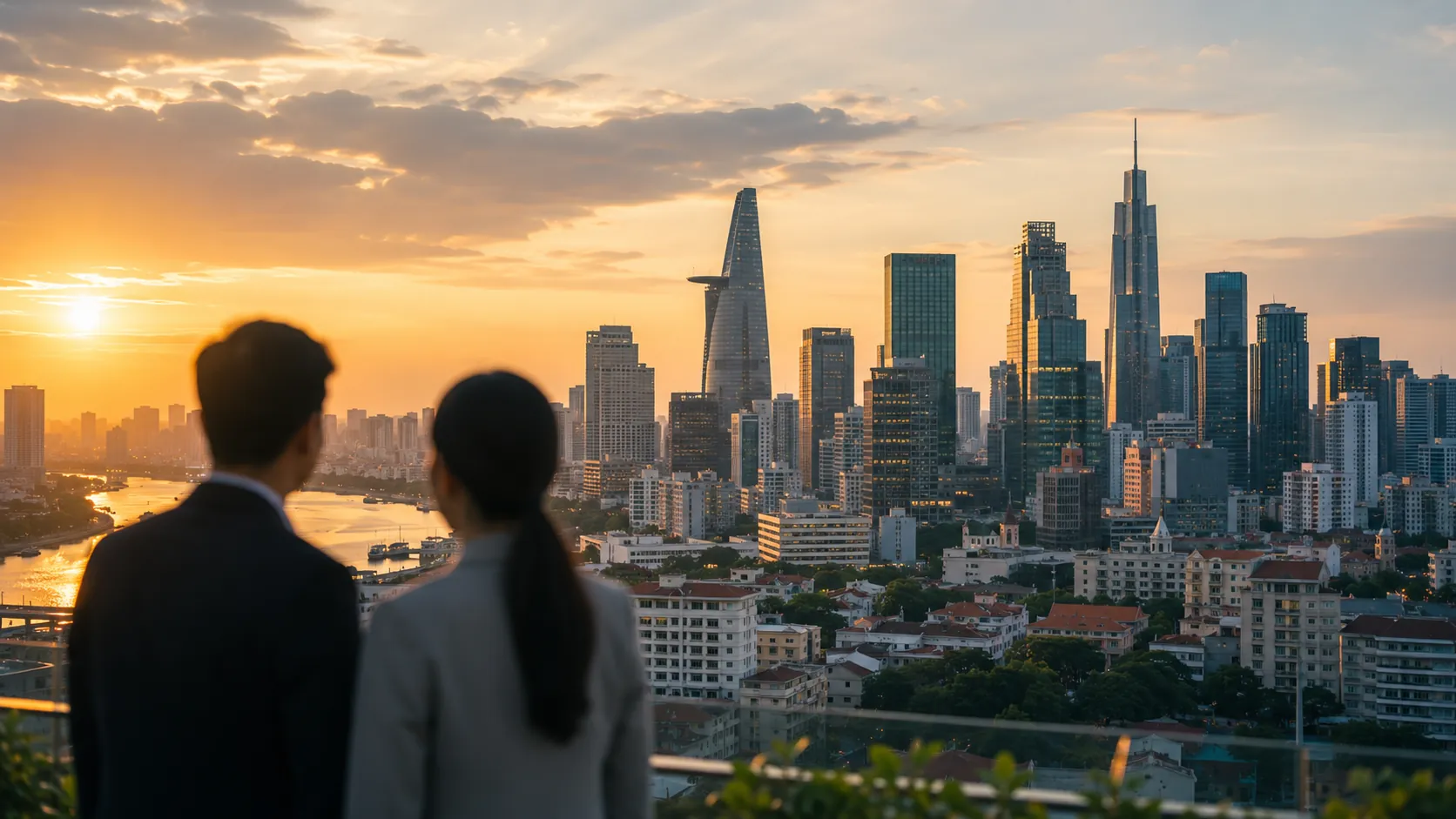 Ho Chi Minh City skyline at golden hour, two Vietnamese professionals looking out over the city