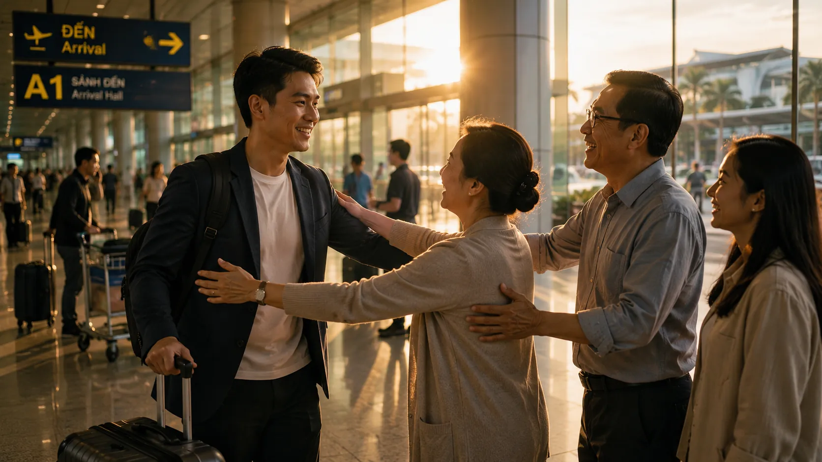 A Vietnamese professional warmly greeted by family at the airport arrivals in Vietnam